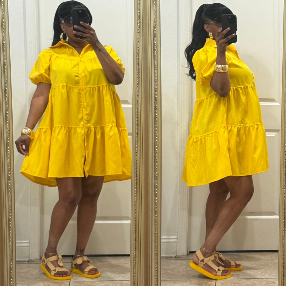 Yellow Button-Up Tiered Dress